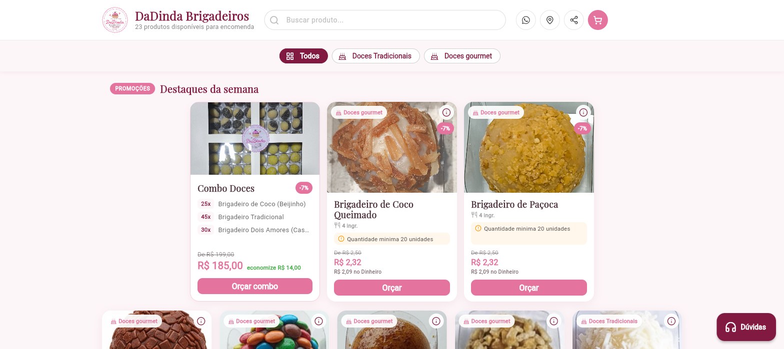 Catálogo online de uma confeitaria real feito com o Confeitaria360, com vitrine de promoções, combo e produtos com desconto